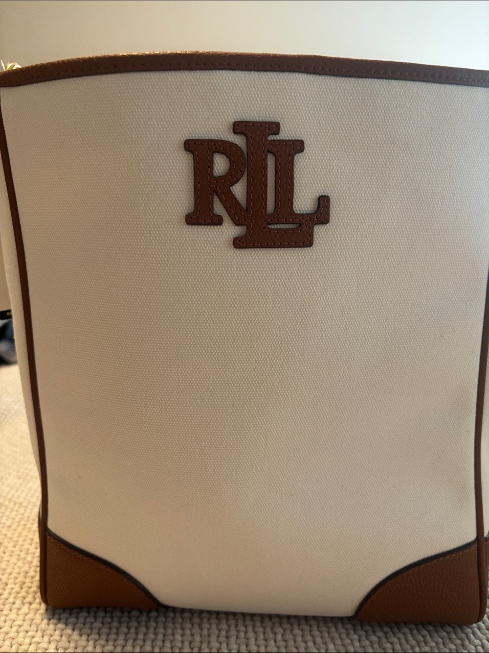 Ralph Lauren Cream Canvas Tote with Brown Leather Trim